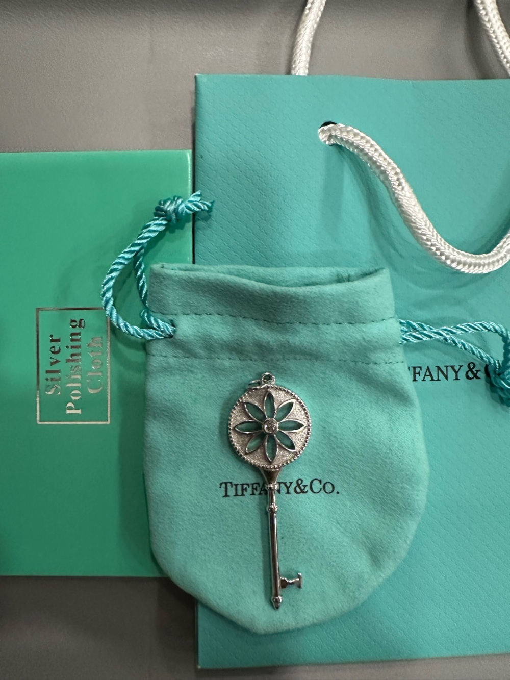 SILVER DAISY KEY PENDANT NECKLACE, pouch, polishing cloth and gift bag